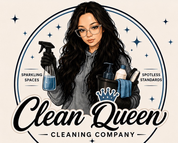 Clean Queen Cleaners Company logo — an illustrated cleaner holding a spray bottle and a caddy of supplies, with the tagline sparkling spaces, spotless standards.